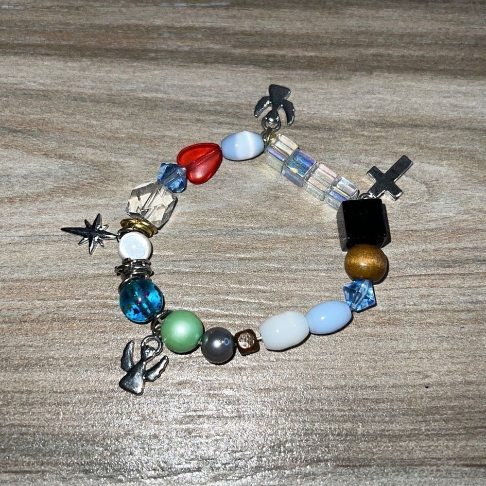 Multi Colored Stretch Beaded Religious Bracelet With Cross and Angels